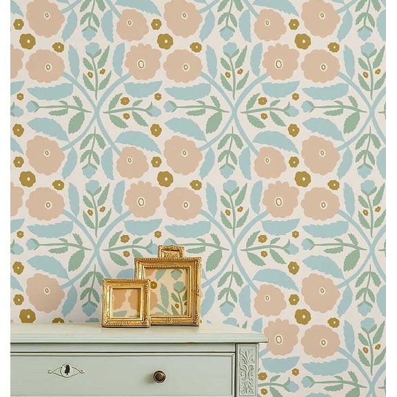 S4sassy Self Adhesive Wallpaper, Botanical Flower Wallpaper, Peach Removable DIY Vinyl Tile Pattern Wall Covering, Textured Peel & Stick Contact Paper for Entryway wall, Kitchen Backsplash(25"x120")