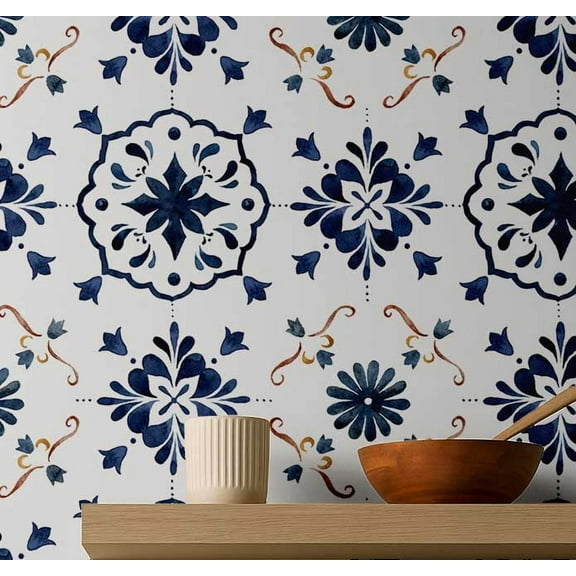 S4sassy Self Adhesive Wallpaper, Floral Tile Wallpaper, Blue Removable DIY Vinyl Tile Pattern Wall Covering, Textured Peel & Stick Contact Paper for Entryway accent wall, Kitchen Backsplash-25"x240"