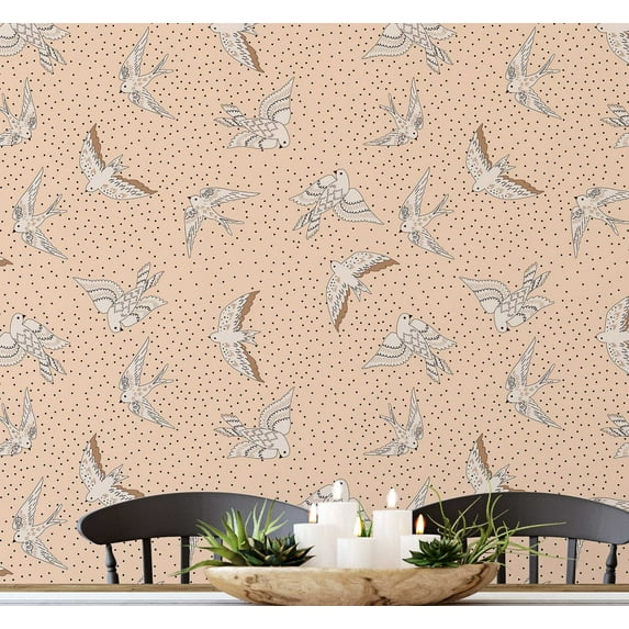 S4sassy Self Adhesive Wallpaper, Flying Birds with Dots Wallpaper, Orange Removable DIY Vinyl Wall Covering, Peel and Stick Contact Paper for Entryway accent Wall, Easy Home Decor (25"x60")