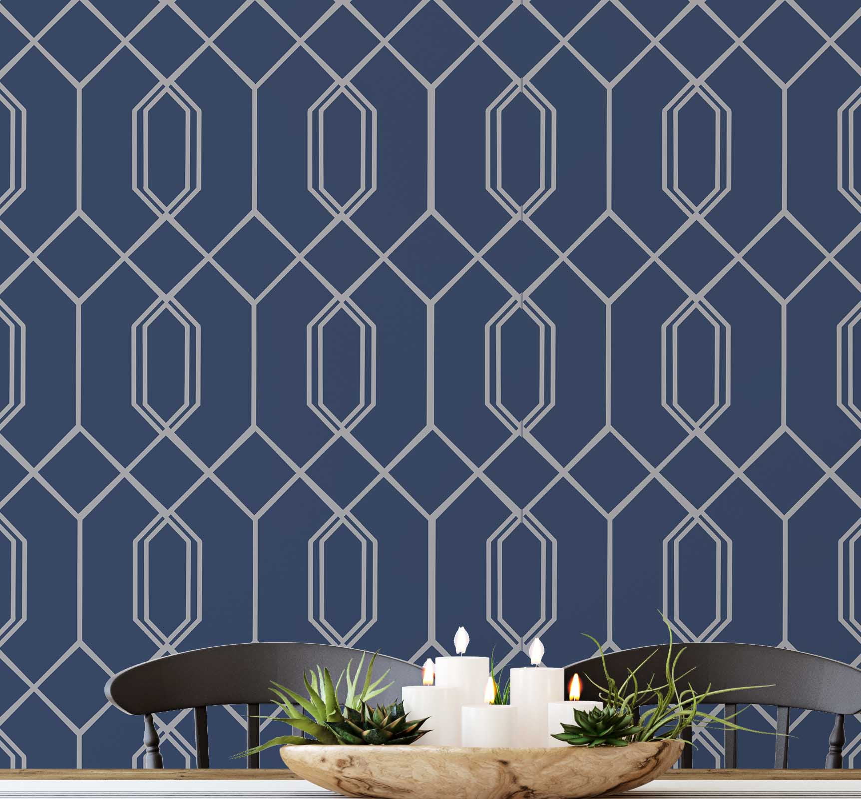 S4sassy Self Adhesive Wallpaper, Geometric Hexagon Line Print Wallpaper, Blue Removable DIY Vinyl Wall Covering, Peel and Stick Contact Paper for Entryway accent Wall, Easy Home Decor (25"x240")