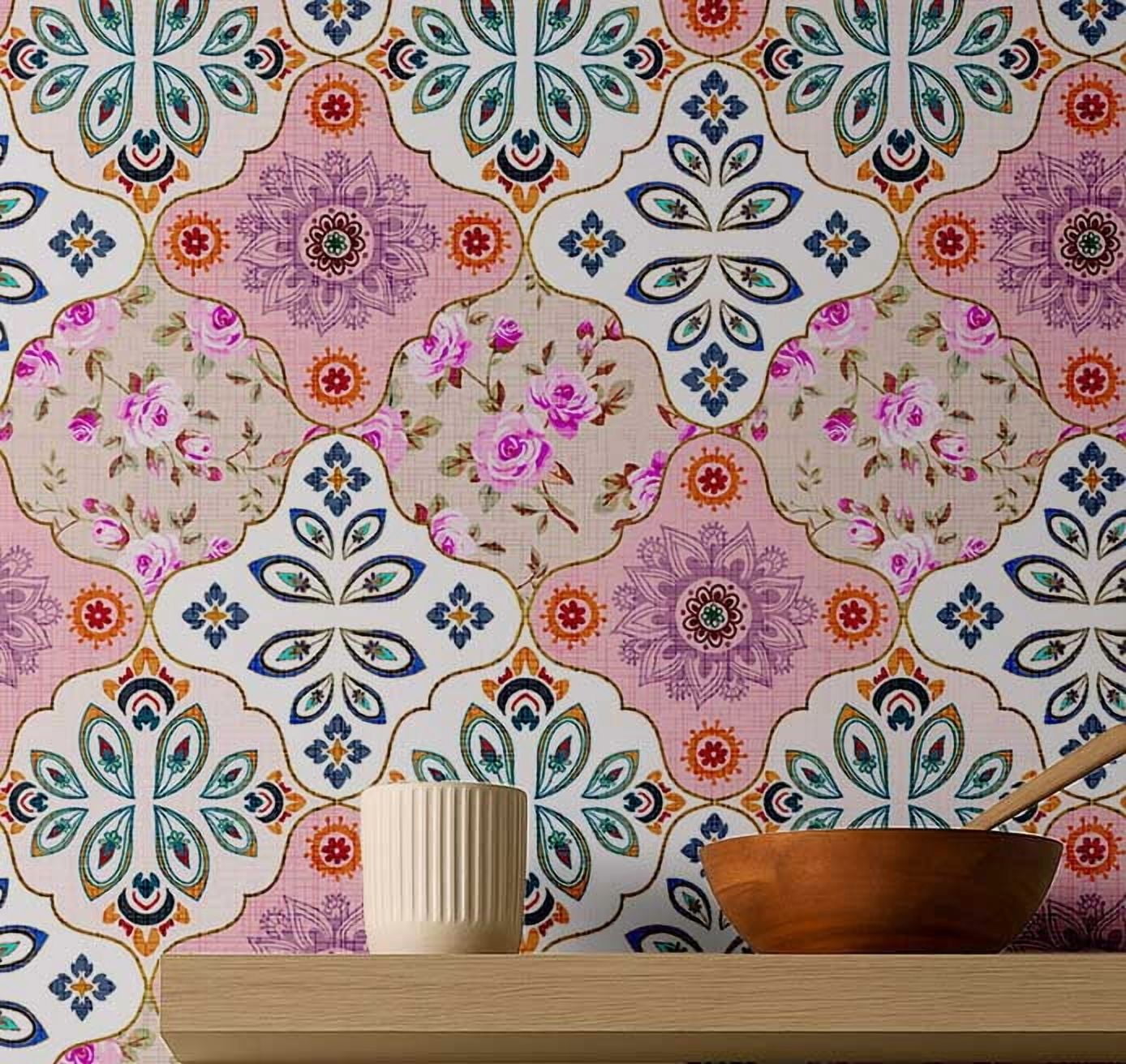 S4sassy Self Adhesive Wallpaper, Geometric Wallpaper, Pink Removable DIY Vinyl Tile Pattern Wall Covering, Textured Peel and Stick Contact Paper for Entryway Walls, Kitchen Backsplash (25"x240" inch)