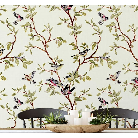 S4sassy Self Adhesive Wallpaper, Green Bird & Branch Print Mural Wall Paper, Peel and Stick Contact Paper for Walls, Entryway accent Wall, Office Decor, Solution (25"x60" inch)