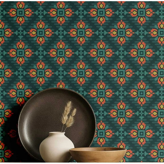 S4sassy Self Adhesive Wallpaper, Green Geometric Wallpaper, Bold Removable DIY Vinyl Tile Pattern Wall Covering, Peel and Stick Contact Paper for Entryway wall, Kitchen Backsplash-25"x120"