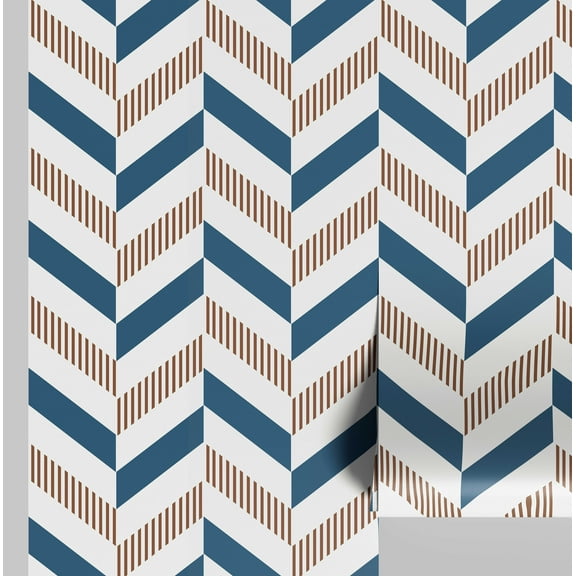 S4sassy Self Adhesive Wallpaper, Herringbone Stripe Print Wallpaper, Blue Removable DIY Vinyl Wall Covering, Textured Peel and Stick Contact Paper for Entryway accent Wall, Easy Home Decor (25"x60")