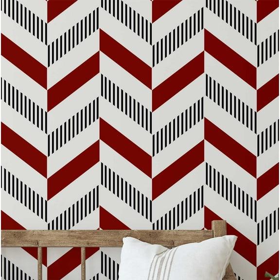 S4sassy Self Adhesive Wallpaper, Herringbone Stripe Print Wallpaper, Red Removable DIY Vinyl Wall Covering, Peel and Stick Contact Paper for Entryway accent Wall, Easy Home Decor Solution (25"x60")