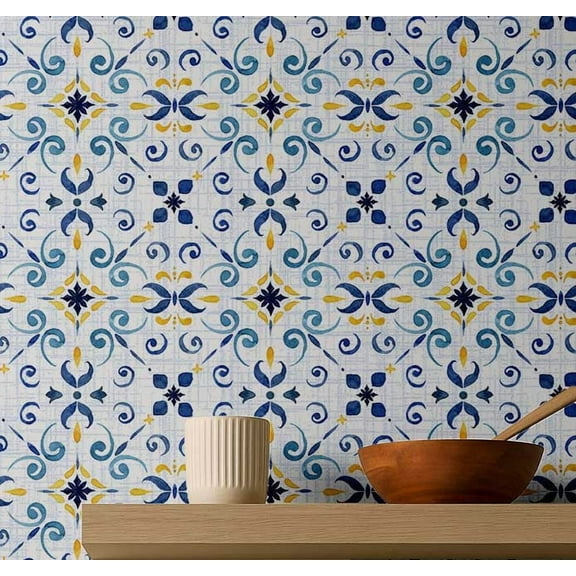 S4sassy Self Adhesive Wallpaper, Swirl Tile Wallpaper, Blue Removable DIY Vinyl Tile Pattern Wall Covering, Textured Peel & Stick Contact Paper for Entryway accent wall, Kitchen Backsplash(25"x240")