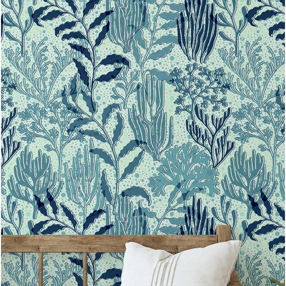 S4sassy Self Adhesive Wallpaper, Underwater Botanical Wallpaper, Blue Removable DIY Vinyl Wall Covering, Textured Peel and Stick Contact Paper for Entryway accent wall, Easy Home Decor (25"x60" inch)