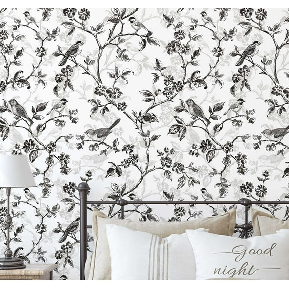 S4sassy Self Adhesive Wallpaper, Vintage Bird & Blossom Wallpaper, Black Removable DIY Vinyl Wall Covering, Peel and Stick Contact Paper for Entryway accent Wall, Easy Home Decor Solution (25"x240")