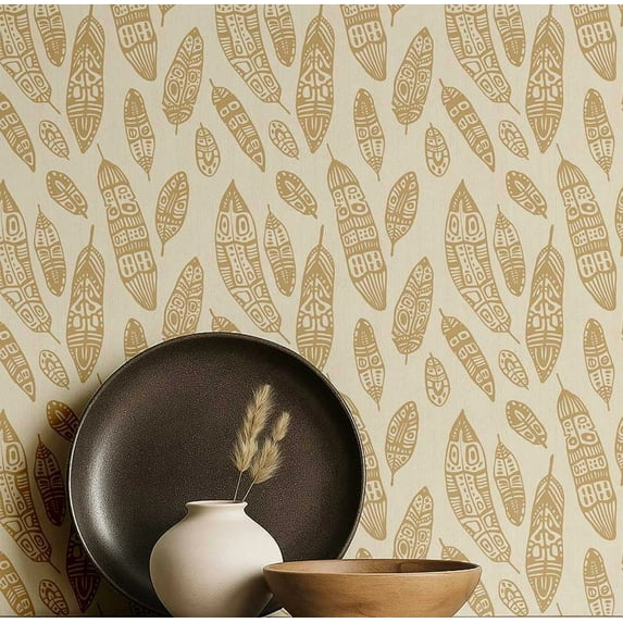 S4sassy Self-Stick Decorative Boho Wallpaper, Feather Print Walls Paper, Vinyl Waterproof Contact Paper, Tan, 25"x240"inch Removable Renter Friendly Wall Covering For Bedroom, Dining room