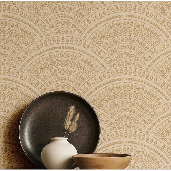 S4sassy Self-Stick Decorative Boho Wallpaper, Geometric Mandala Print Walls Paper, Vinyl Waterproof Contact Paper, Beige, 25"x120"inch Removable Renter Friendly Wall Covering For Bedroom, Dining room