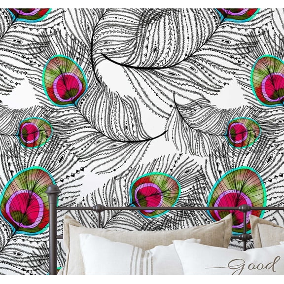 S4sassy Self-Stick Decorative Boho Wallpaper, Peacock Feather Wall Paper, Vinyl Waterproof Contact Paper, Pink, 25"x120" Removable Renter Friendly Wall Covering For Bedroom, Dining room