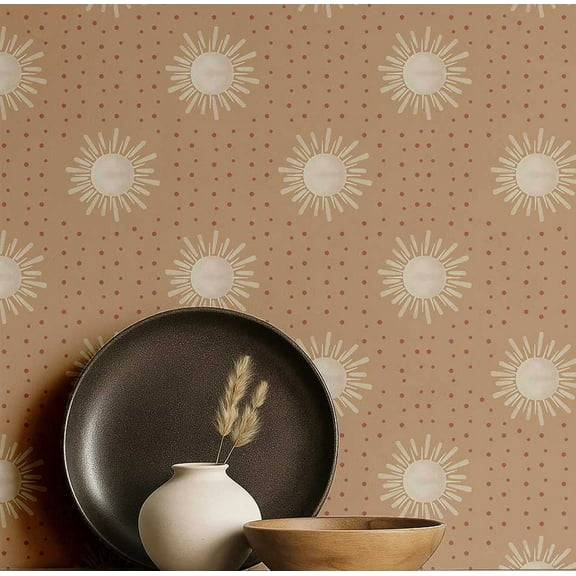S4sassy Self-Stick Decorative Boho Wallpaper, Sun Dot Print Walls Paper, Vinyl Waterproof Contact Paper, Beige, 25"x360"inch Removable Renter Friendly Wall Covering For Bedroom, Dining room