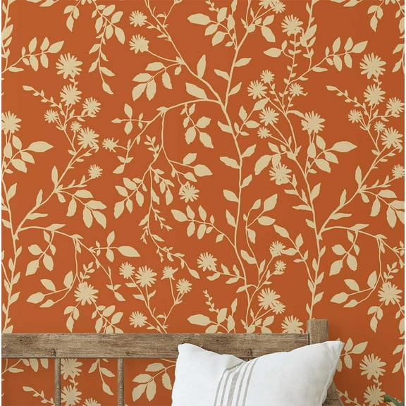 S4sassy Self-Stick Decorative Wallpaper, Botanical Flower Wall Paper, Textured Vinyl Waterproof Contact Paper, Light Beige on Orange, 25"x120"inch Removable Walls Covering for Bedroom, Orange