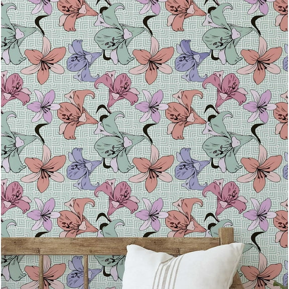 S4sassy Self-Stick Decorative Wallpaper, Botanical Lily Print Wall Paper, Vinyl Waterproof Contact Paper, Pastel Mix, 25"x120" Removable Renter Friendly Wall Covering For Bedroom, Dining room