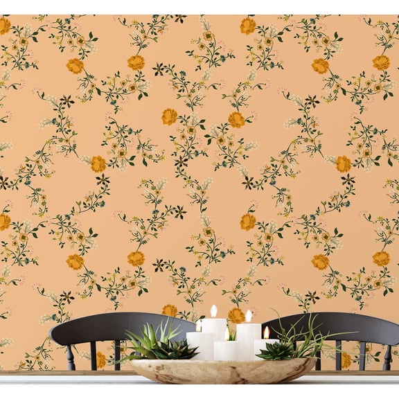 S4sassy Self-Stick Decorative Wallpaper, Delicate Wild Floral Print Wall Paper, Vinyl Waterproof Contact Paper, Orange, 25"x360" Removable Renter Friendly Wall Covering For Bedroom, Livingroom