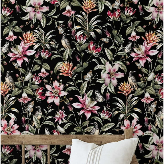 S4sassy Self-Stick Decorative Wallpaper, Exotic Bird & Floral Wall Paper, Textured Vinyl Waterproof Contact Paper, Black, 25"x360"inch Removable Renter Friendly Wall Covering For Bedroom, Dining room