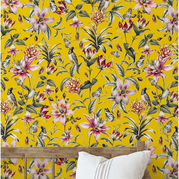 S4sassy Self-Stick Decorative Wallpaper, Exotic Bird & Floral Wall Paper, Textured Vinyl Waterproof Contact Paper, Yellow, 25"x360"inch Removable Renter Friendly Wall Covering For Bedroom