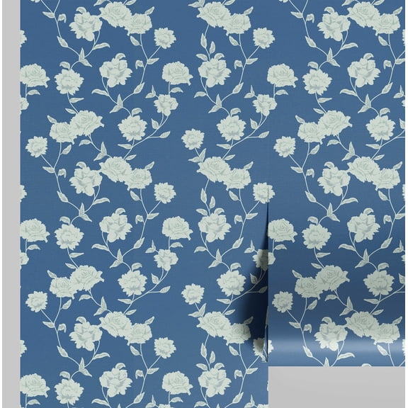 S4sassy Self-Stick Decorative Wallpaper, Gardenia Vine Print Wall Paper, Textured Vinyl Waterproof Contact Paper, Blue, 25"x60"inch Removable Renter Friendly Wall Covering For Bedroom, Dining room