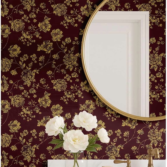 S4sassy Self-Stick Decorative Wallpaper, Hibiscus Garden Print Wall Paper, Textured Vinyl Waterproof Contact Paper, Burgundy, 25"x120" Removable Renter Friendly Wall Covering For Bedroom, Dining room