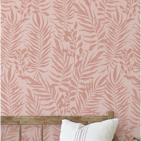 S4sassy Self-Stick Decorative Wallpaper, Palm Frond Wall Paper, Textured Vinyl Waterproof Contact Paper, Pink on Light Pink, 25"x120"inch Removable Renter Friendly Walls Covering for Bedroom, Brown