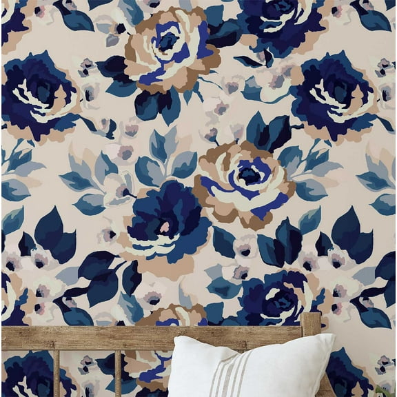 S4sassy Self-Stick Decorative Wallpaper, Rose Garden Print Wall Paper, Textured Vinyl Waterproof Contact Paper, Blue, 25"x240"inch Removable Renter Friendly Wall Covering For Bedroom, Dining room