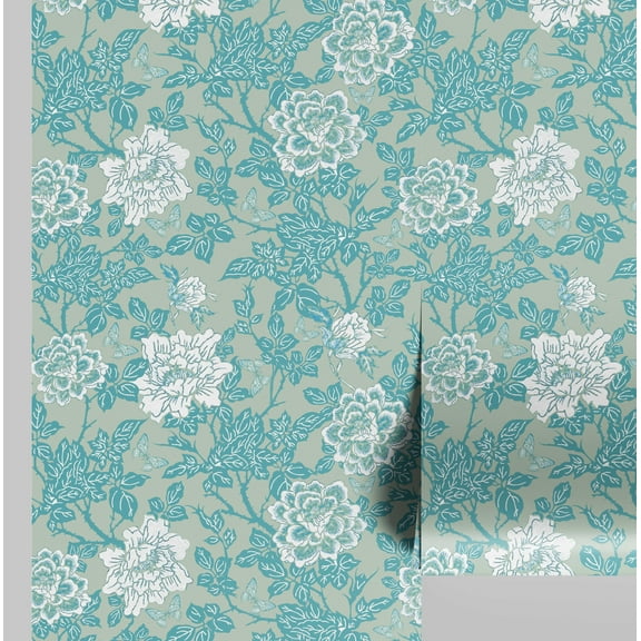 S4sassy Self-Stick Decorative Wallpaper, Rose Garden Print Wall Paper, Textured Vinyl Waterproof Contact Paper, Turquoise, 25"x120"inch Removable Renter Friendly Wall Covering For Bedroom