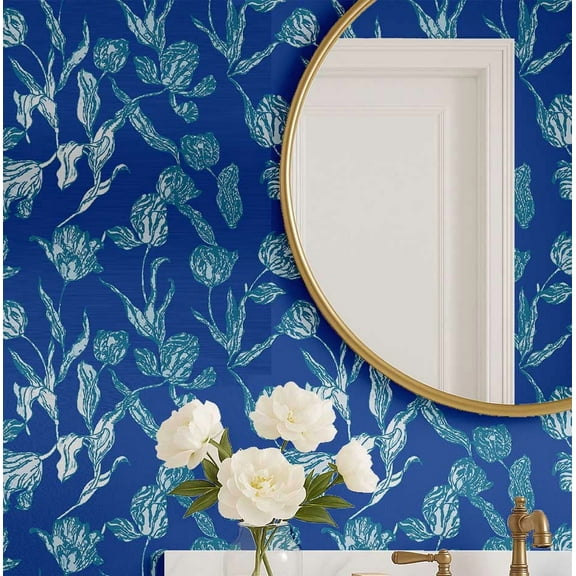 S4sassy Self-Stick Decorative Wallpaper, Tulip Sketch Print Wall Paper, Textured Vinyl Waterproof Contact Paper, Blue, 25"x60"inch Removable Renter Friendly Wall Covering For Bedroom, Dining room