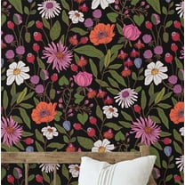 S4sassy Self-Stick Decorative Wallpaper, Vibrant Wildflower Bloom Wall Paper, Vinyl Waterproof Contact Paper, Black, 25"x60" Removable Renter Friendly Wall Covering For Bedroom, Dining room