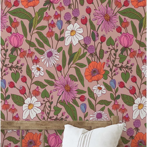 S4sassy Self-Stick Decorative Wallpaper, Vibrant Wildflower Bloom Wall Paper, Vinyl Waterproof Contact Paper, Pink, 25"x120" Removable Renter Friendly Wall Covering For Bedroom, Dining room