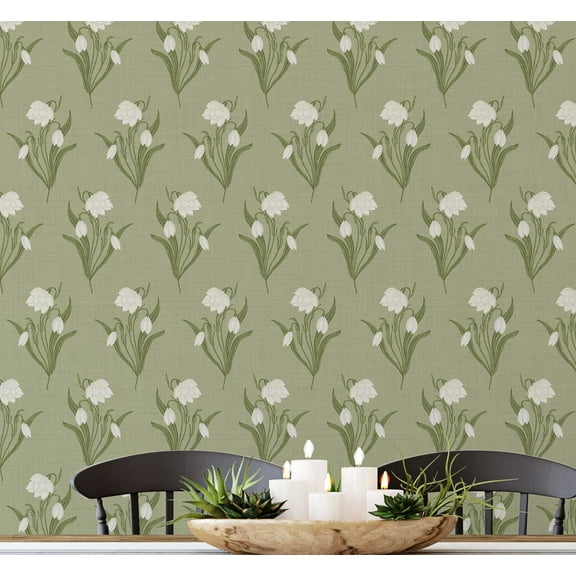 S4sassy Self-Stick Decorative Wallpaper, White Snowdrop Floral Print Wall Paper, Vinyl Waterproof Contact Paper, Green, 25"x120" inch Removable Renter Friendly Wall Covering For Bedroom, Dining room