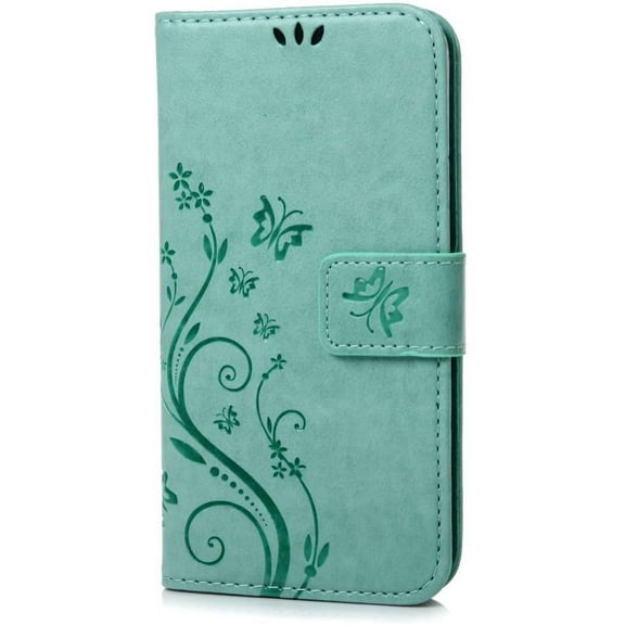 S5 Case, Galaxy S5 Case Premium Wallet PU Leather with Fashion Embossed Floral Butterfly Magnetic Clasp Card Holders Flip Cover with Hand Strap (Green)