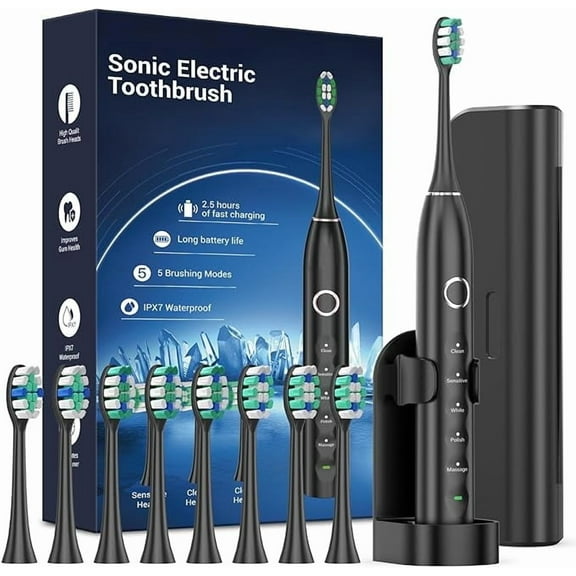 Phylian S5 Upgraded Sonic Electric Toothbrush for Adults and Kids Ages 12+ with 8 Brush Heads, IPX7 Travel Toothbrush with Case, 2.5 Hours Charge for 120 Days, 5 Modes with Built-in Smart Timer Black