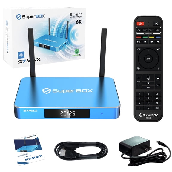 S7MAX Super Box 2025 Fully Loaded,4GB RAM+64GB Storage,Built-in Voice Control System,Dual Band WiFi,2T2R,2025 Pack,Includes Detailed Setup Guide,with Channels Free,Phone Support