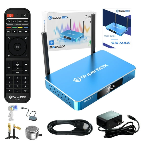 S6 MAX Super Box Fully Loaded,4GB RAM+64GB Storage,Built-in Voice Control System,Dual Band WiFi,2T2R,2025 Pack,Includes Detailed Setup Guide,with Channels Free,Phone Support