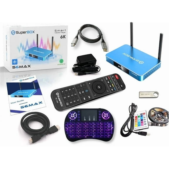 S6 MAX SuperBox Fully Loaded, S6MAX TV Box with 4GB RAM+64GB Storage, Built-in Voice Control System, Dual Band WiFi, Includes Detailed Setup Guide, US Phone Support, 64 GB USB Drive, 8K HDMI Cable