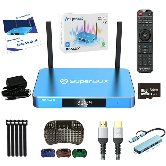 S6 MAX SuperBox , S6MAX TV Box with 4GB RAM+64GB Storage, Built-in Voice Control System, Dual Band WiFi, 2T2R, Includes Detailed Setup Guide, with Channels Free, Phone Support
