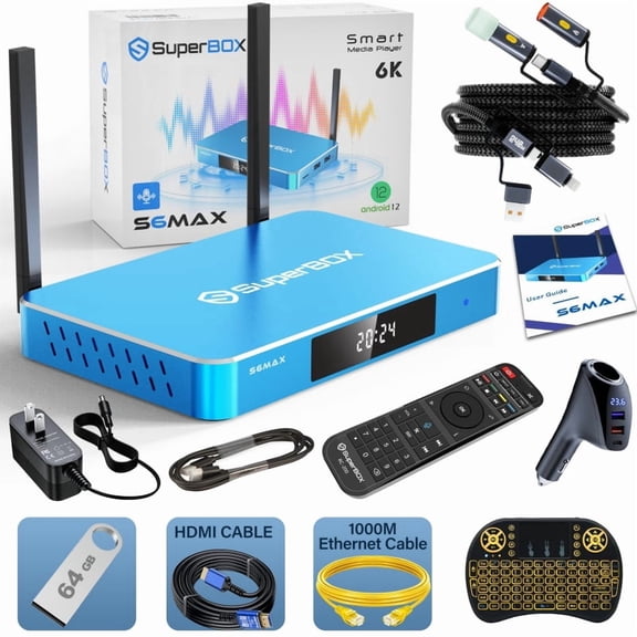 S6Max|2026superbox|Premium Edition with Built-in Voice Control System | 2025 Model | Android 12 | 4GB RAM 64GB Storage | 2T2R Dual Band WiFi