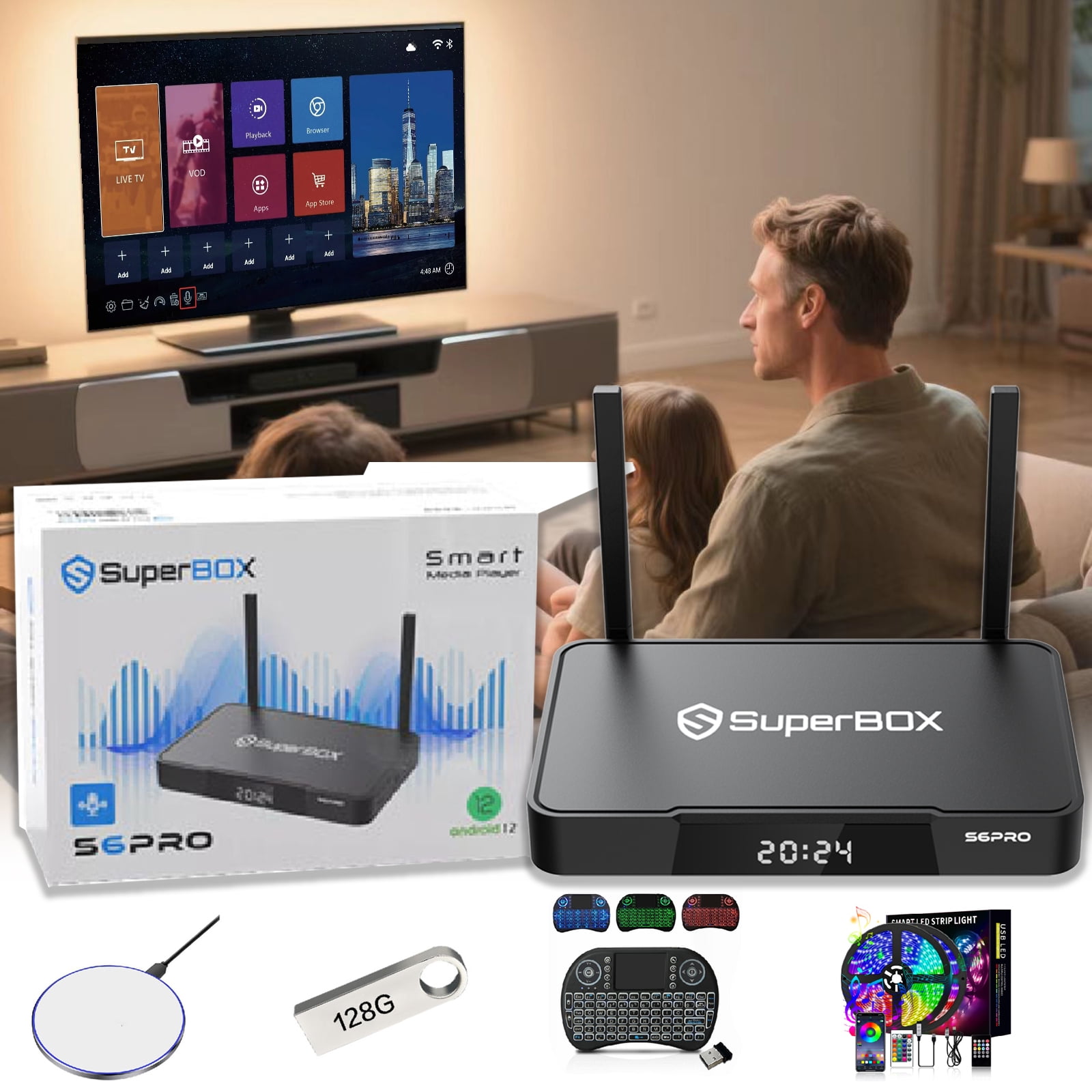 S6pro Superbox 2025 Fully Loaded 6K HD for TV, 4G+32GB Storage, Time Shift with Voice Remote Control