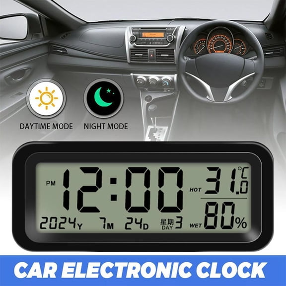 S78 solar-powered car clock with temperature & humidity display, auto-luminous digital clock for dashboard, dual backlight colors, usb-c charging, 12/24h format