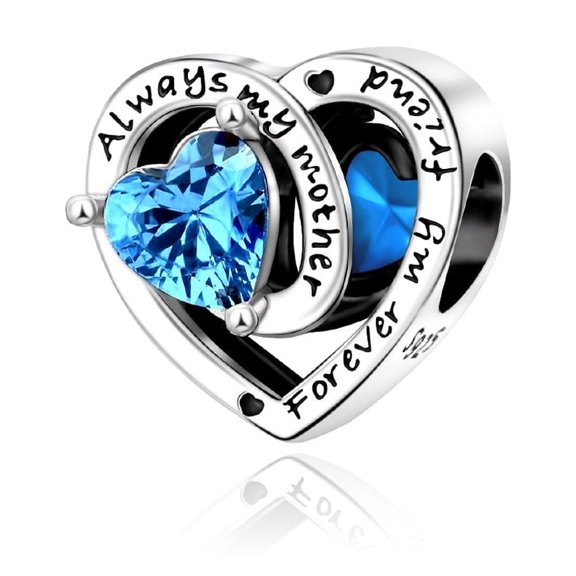 S925 Always Love to Mother Blue Topaz Stone Heart Charm for Women Moment Charm Bracelet