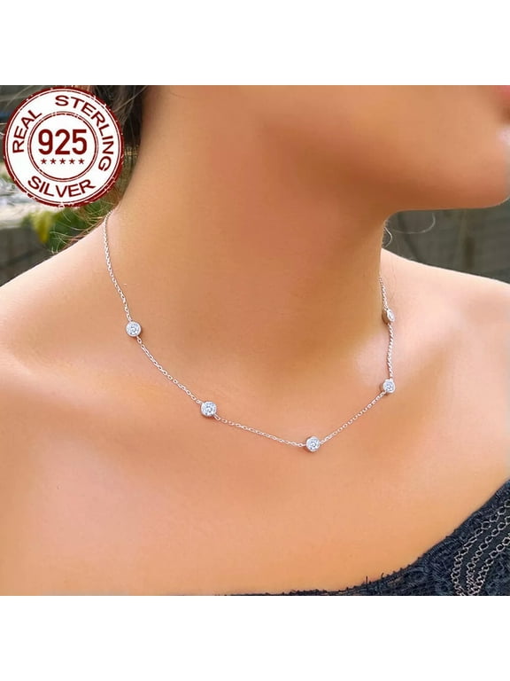 S925 Bezel Setting Cubic Zircon Round Chain Link Necklace 925 Sterling Silver CZ