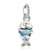 AMUEFER S925 Blue Scaled Fish Dangle Charm for Women Moment Bracelet Necklace Pendant