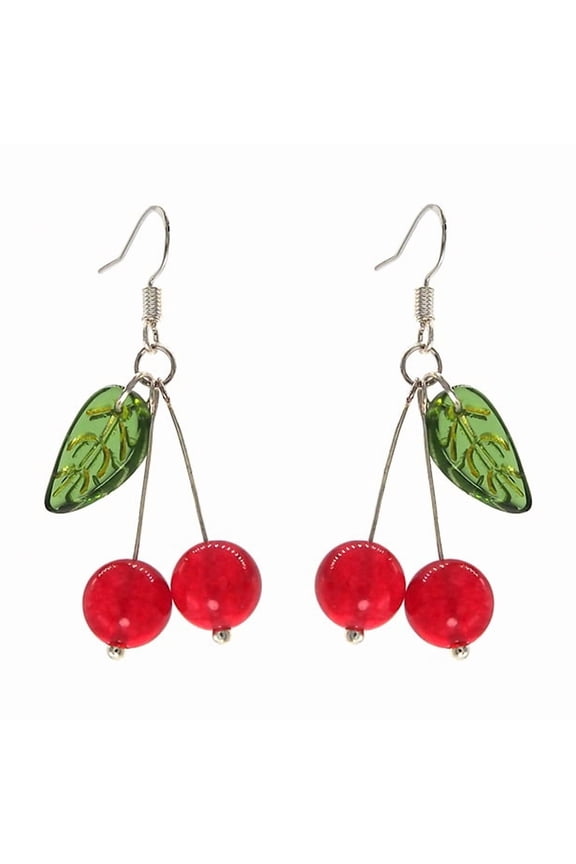 S925 Cherry Fruit Dangle 8mm Red Jade 15mm Leaves Earrings
