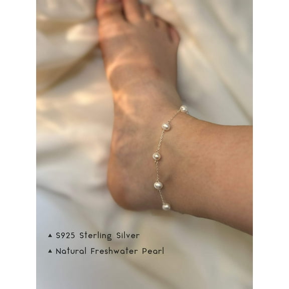 S925 Freshwater Pearl Anklet, Silver Dainty Anklet