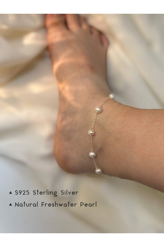 S925 Freshwater Pearl Anklet, Silver Dainty Anklet