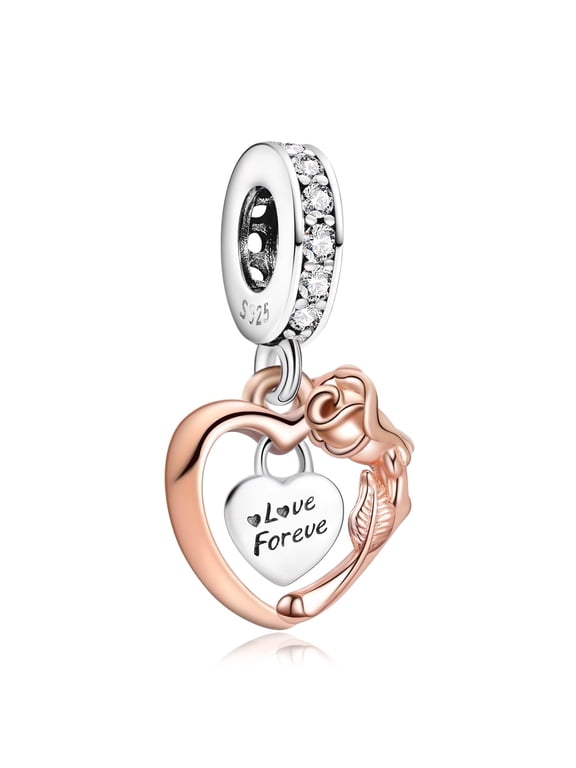 S925 Heart & Rose Flower Dangle Charm for Women Moment Bracelet Necklace Pendant