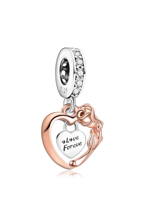 S925 Heart & Rose Flower Dangle Charm for Women Moment Bracelet Necklace Pendant