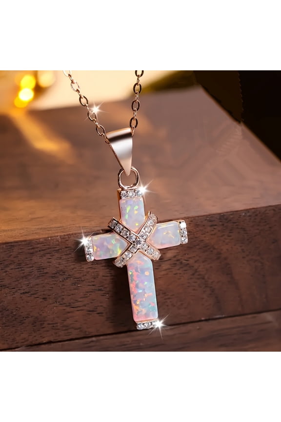 S925 Silver Elegant Women's Cross Necklace Featuring Sparkling Opal White Australian Gemstone Faith Jewelry for Daily Life and Gifting