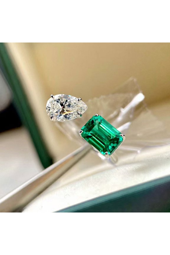 S925 Silver Ladies Cocktail Diamond Ring Emerald Square Diamond Two-Color Light Luxury Fashion Open Ring Shiny Water Drop Crystal Diamond Ring