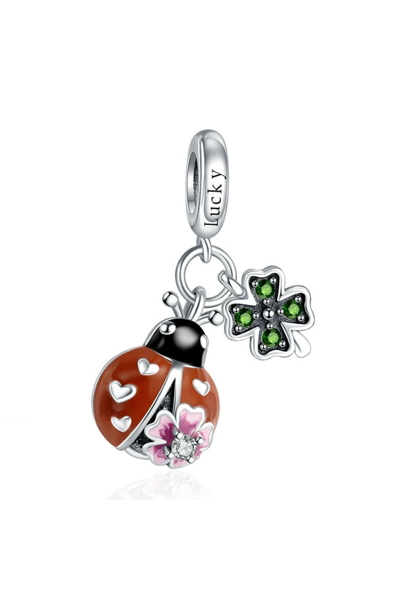 925 Sterlinig Silver Ladybug Lucky Clover Dangle Charm for Women Bracelet Necklace Pendant